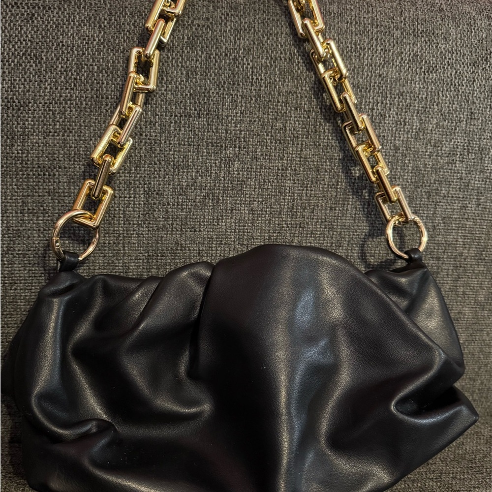 Elegant Black Leather Bag with Gold Chain